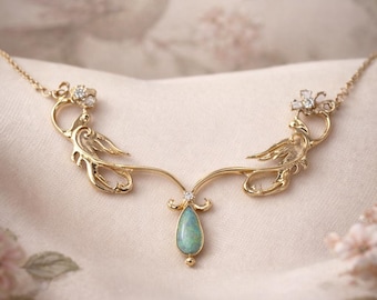Vintage opalhalsband med diamanter i 14 karat gult guld