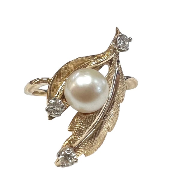 1970s Vintage Cultured Pearl and Diamond Leaf Rin… - image 3