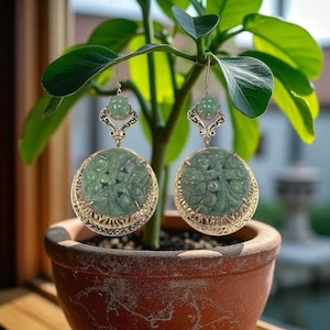 Vintage Carved Jadeite Earrings in 14 karat yellow gold