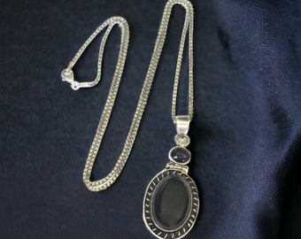 Vintage Black Onyx Sterling Silver Pendant on Sterling Silver Chain