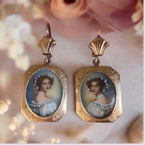 Victorian 1800s Antique handpainted Miniature Portrait Earrings on wires in 14 karat yellow gold