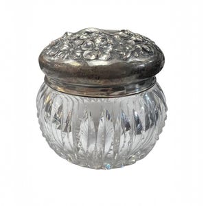 Tarro de tocador antiguo victoriano de plata esterlina y cristal tallado de la década de 1900