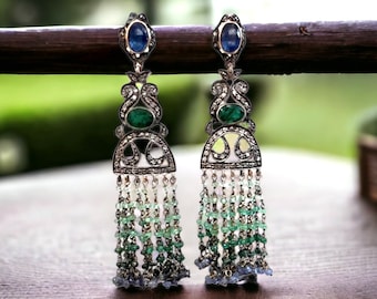 Long Dangling Emerald, Sapphire, and Diamond Earrings in Sterling Silver and 14 karat yellow gold