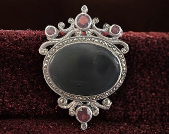 Onyx, Garnet, and Marcasite Brooch in Sterling Silver