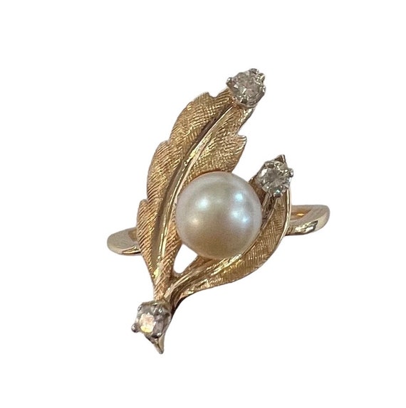 1970s Vintage Cultured Pearl and Diamond Leaf Rin… - image 2