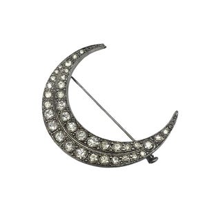 Victorian Crescent Moon Pin with Paste in Silvertone.