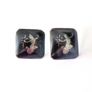 Vintage 1940s Niello Siam Screw On Earrings  / Sterling Silver