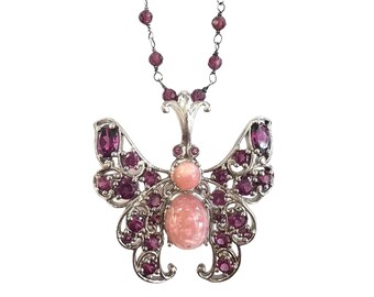 Genuine RubelliteTourmaline Butterfly Pendant and Beads with Rhodocrosite body in sterling silver