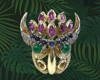 1970s Vintage Animal Head Ring with Genuine Rubies, Sapphires, Emeralds, and Diamonds in 14 karat yellow gold