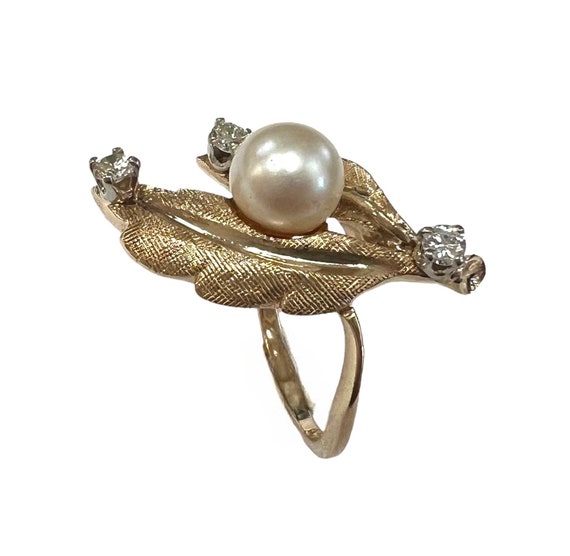 1970s Vintage Cultured Pearl and Diamond Leaf Rin… - image 5