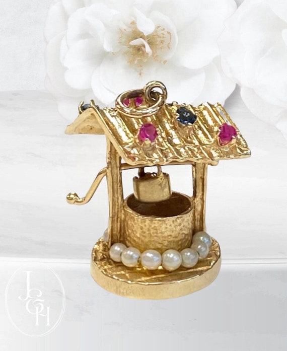 1950s Vintage Wishing Well Charm with Pearls, Rub… - image 1