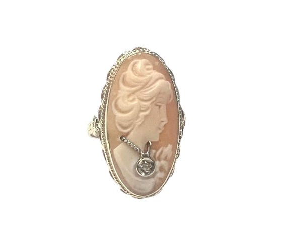 Antique Shell Cameo Ring with Diamond Drop Neckla… - image 1