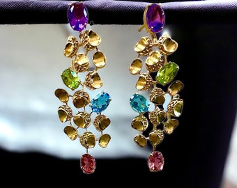 Estate Dangling Earrings with Amethyst  Peridot  Blue Topaz  Pink Topaz and Diamond accents in 18 karat yellow gold