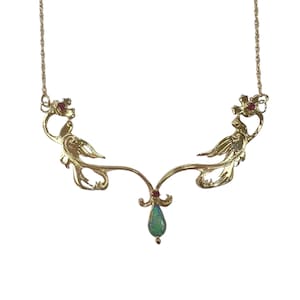 Vintage Opal Necklace with Ruby accents in 14 karat yellow gold