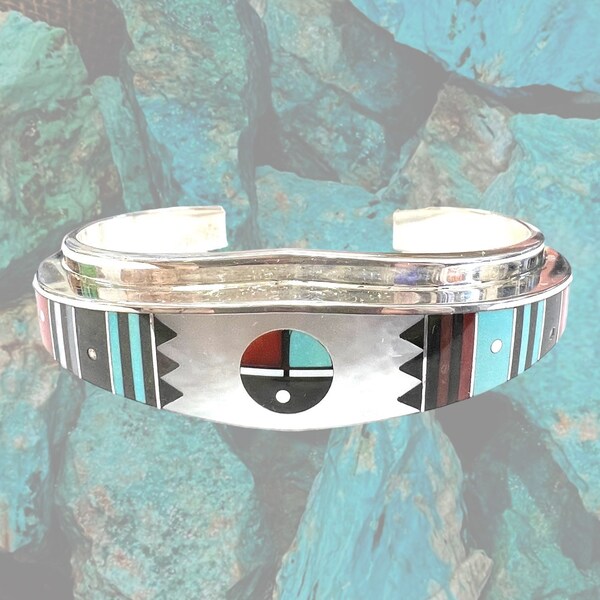 1980s Navajo inlaid cuff Bracelet signed Ernest Benally in sterling silver