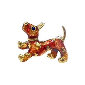 1960s Vintage Enamel Playful Dog Pin in 18 karat yellow gold