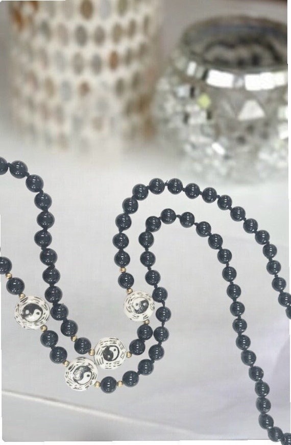 Black Onyx Beaded Necklace With Yin Yang Accent Be