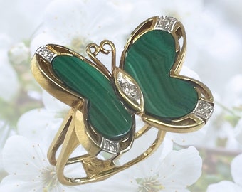 1970s Vintage Malachite Butterfly Ring with Diamond Accents in 14 karat yellow and white gold
