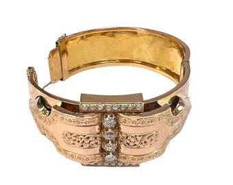 1800s Antique Victorian Bangle with Old Mine Cut Diamonds, Seed  Pearls and carvings in 18 karat yellow gold