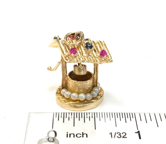 1950s Vintage Wishing Well Charm with Pearls, Rub… - image 4