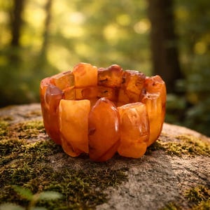 Vintage Baltic Honey Amber Wide Handmade Panel Stretch Bracelet