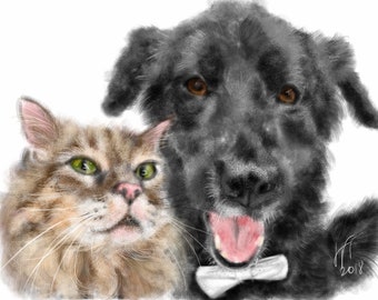 Custom Dog Portrait, Custom Portrait, Dog Lover, Two Pets, Pet Art, Pet Loss, Pet Memorial, Pet Lover, Digitalart, Cat, Custom Dog and Cat