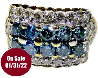 Blue Diamond Ring in 14k Two-Tone Gold Ring, The Ring Also Set With White Round Diamonds.