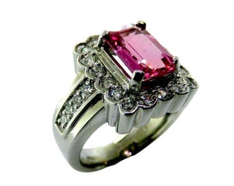 Tourmaline ring for women in 14k white gold set with genuine pink tourmaline and multiple small genuine diamonds. (10063)