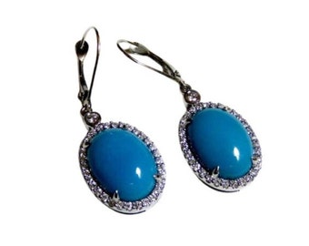 14K Natural Solid Blue Persian Turquoise Diamond Earrings (10064)