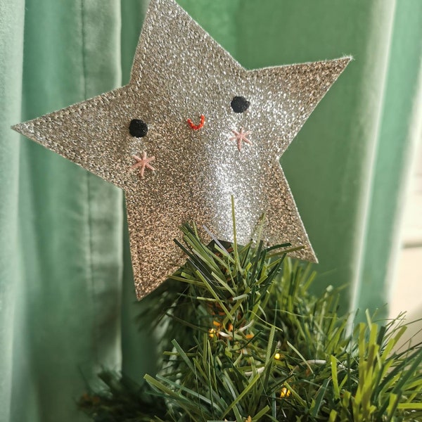 Christmas tree topper. Cute, glitter felt star in silver, tree topper. Star Christmas tree decoration.
