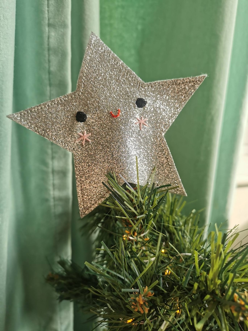 Christmas tree topper. Cute, glitter felt star in silver, tree topper. Star Christmas tree decoration. image 1