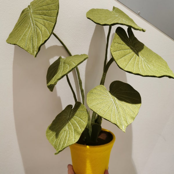 Alocasia faux houseplant - Botanical, handmade, Alocasia inspired felt plant, olive green fabric, textile plant, choose your own pot colour