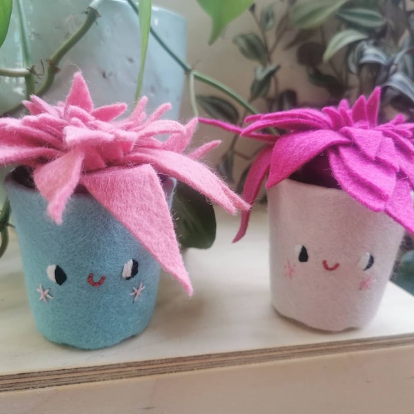 Set of 2 little felt succulents in  pots with a face. Cheeky, smiley cacti, handmade textile succulent in a pot. Plants you can't kill!