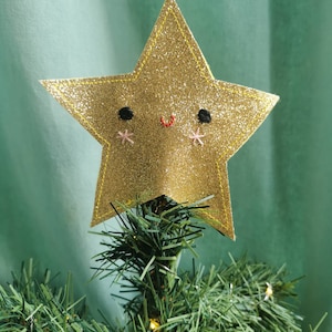 Christmas tree topper. Cute, glitter felt star in gold, tree topper. Star Christmas tree decoration. image 1