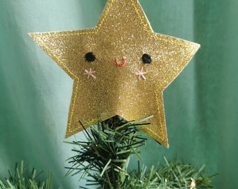 Christmas tree topper. Cute, glitter felt star in gold, tree topper. Star Christmas tree decoration.