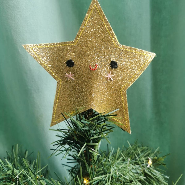 Christmas tree topper. Cute, glitter felt star in gold, tree topper. Star Christmas tree decoration.