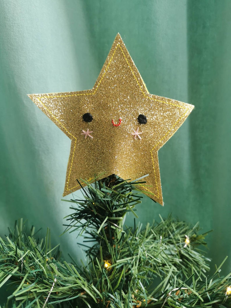Christmas tree topper. Cute, glitter felt star in gold, tree topper. Star Christmas tree decoration. image 1