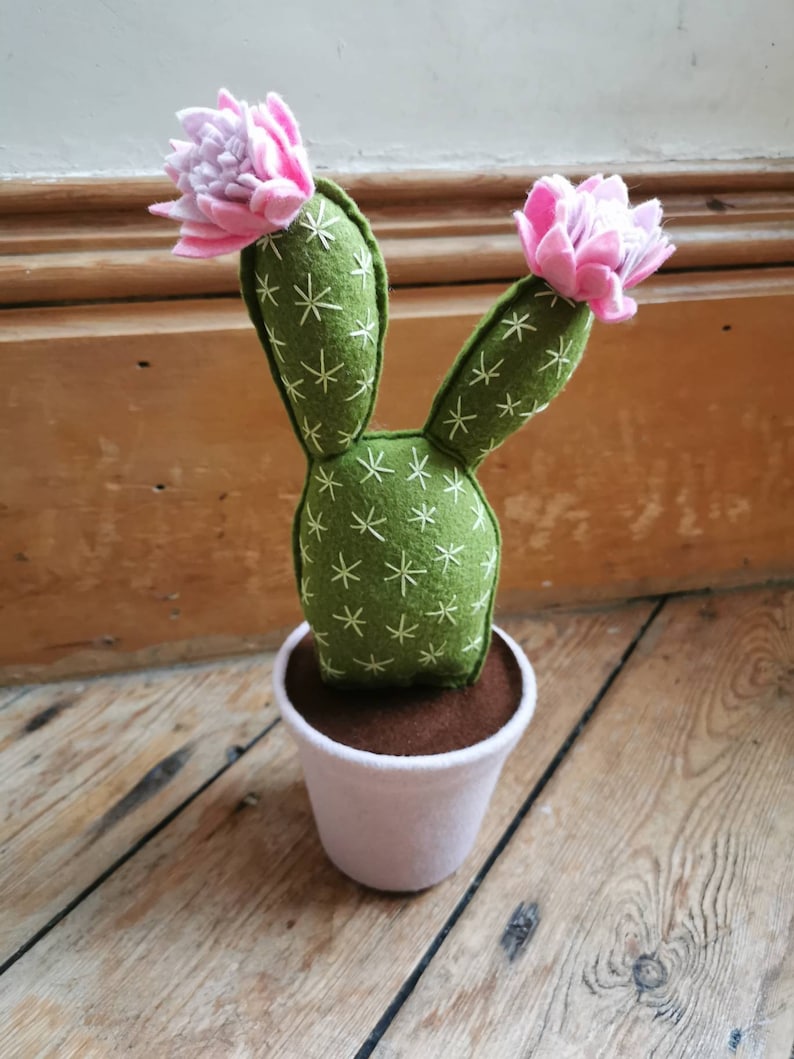 Mini prickly-Pear felt cactus, cute cacti, faux cacti, handmade fabric cactus in a pot, pink flower cactus. Plants you can't kill image 7