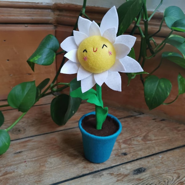 Kawaii, cute felt daisy, kawaii style daisy, kawaii flower, daisy with laughing eyes. Plants you can't kill!