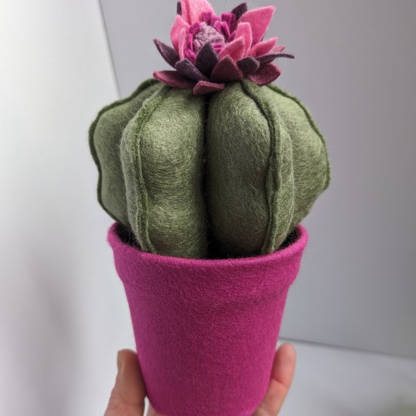 Cute round pink flowering felt cactus. Cute cacti, faux cacti, handmade fabric cactus in a pot, pink flower cactus. Plants you can't kill!