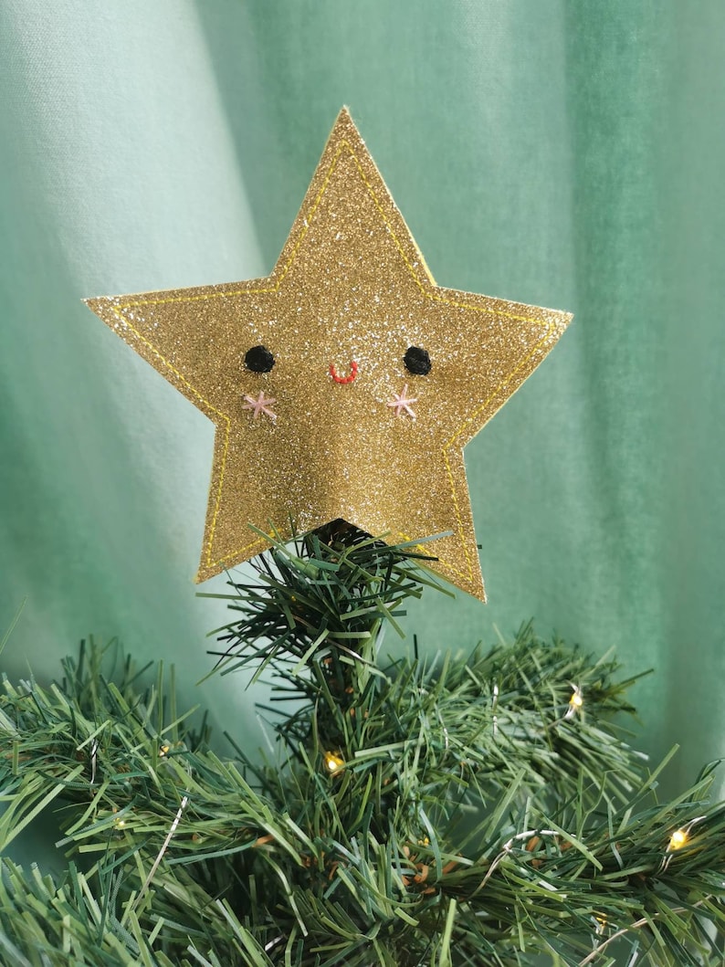 Christmas tree topper. Cute, glitter felt star in gold, tree topper. Star Christmas tree decoration. image 5