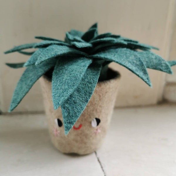 Green felt succulent, pot with a face. Cheeky, smiley cacti, handmade textile succulent in a pot. Plants you can't kill!