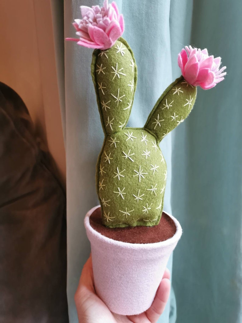 Mini prickly-Pear felt cactus, cute cacti, faux cacti, handmade fabric cactus in a pot, pink flower cactus. Plants you can't kill image 2