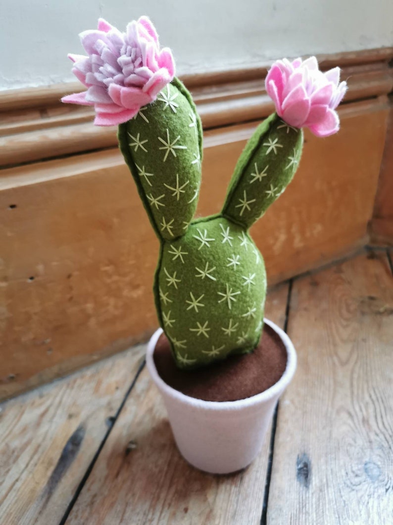 Mini prickly-Pear felt cactus, cute cacti, faux cacti, handmade fabric cactus in a pot, pink flower cactus. Plants you can't kill image 8