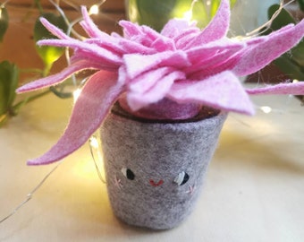 Pink felt succulent, pot with a face. Cute cacti, handmade textile succulent in a pot. Plants you can't kill!