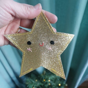 Christmas tree topper. Cute, glitter felt star in gold, tree topper. Star Christmas tree decoration. image 3