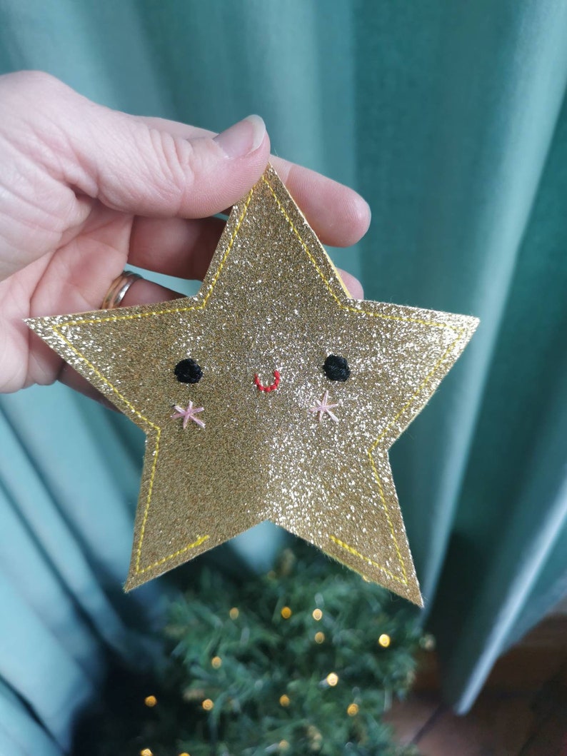 Christmas tree topper. Cute, glitter felt star in gold, tree topper. Star Christmas tree decoration. image 3