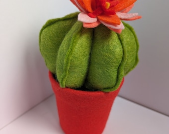 Cute round orange flowering felt cactus. Cute cacti, faux cacti, handmade fabric potted cactus orange flower cactus. Plants you can't kill