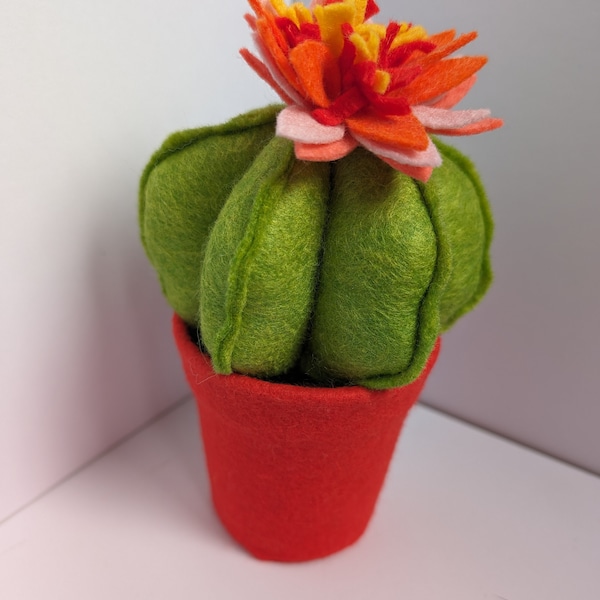 Cute round orange flowering felt cactus. Cute cacti, faux cacti, handmade fabric potted cactus orange flower cactus. Plants you can't kill