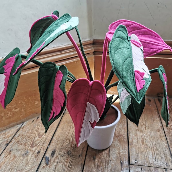 Pink Princess Philodendron Faux houseplant, Botanical, handmade, felt inspired potted plant, fabric house plant, textiles